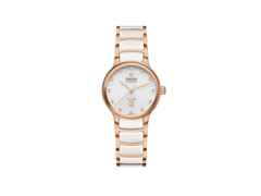 Rado Centrix Diamonds Automatik Edelstahl Roségold-PVD 30,5mm weißes Zifferblatt mit Brillanten Metallband – Damenuhren Uhr mit Datum aus Edelstahl, Keramik und PVD beschichtet. Das Gehäuse ist rund und roségold. Das Keramikarmband ist weiß. Das Zifferblatt ist ein Index in weiß.