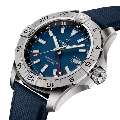 Breitling Avenger GMT 44 Automatik Edelstahl blaues Zifferblatt dunkelblaues Lederband – Herrenuhren Uhr mit Datum aus Edelstahl und Leder. Das Gehäuse ist rund und silber. Das Lederarmband ist blau. Das Zifferblatt ist ein Index in blau. – Ansicht 2