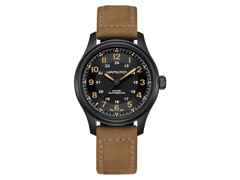 Hamilton Khaki Field Titanium Auto Titan 42mm schwarzes Zifferblatt braunes Lederband – Herrenuhren Uhr ohne Datum aus Titan. Das Gehäuse ist rund und schwarz. Das Lederarmband ist braun. Das Zifferblatt ist arabisch Index und schwarz.