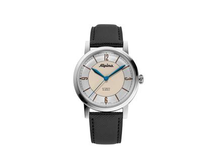 Herrenuhren Uhr ohne Datum aus Edelstahl und Leder. Das Gehäuse ist rund und silber. Das Lederarmband ist schwarz. Das Zifferblatt ist arabisch Index und silber.