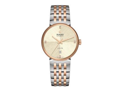 Rado Florence Automatik Edelstahl Roségold-PVD 39mm beiges Zifferblatt mit Brillanten Metallband – Herrenuhren Uhr mit Datum aus Edelstahl und PVD beschichtet. Das Gehäuse ist rund und roségold. Das Edelstahlarmband ist silber-roségold. Das Zifferblatt ist ein Index in beige.