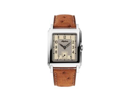 Herrenuhren Uhr ohne Datum aus Edelstahl und Leder. Das Gehäuse ist rechteckig und silber. Das Lederarmband Strauß ist braun. Das Zifferblatt ist arabisch und beige.