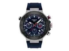 Tissot T-Race MotoGP                  2024 Chronograph Limited Edition  Automatic 45mm blaues Zifferblatt blaues Silikonband – Herrenuhren Chronograph aus Edelstahl und PVD beschichtet. Das Gehäuse ist rund und silber. Das Kautschuk / Kunststoff / Silikon Armband ist blau. Das Zifferblatt ist arabisch Index und blau.