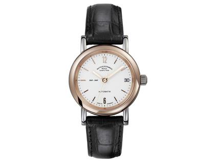 Mühle Glashütte Robert Mühle Datum Medium – Damenuhren Uhr mit Datum aus 750 Rotgold und Edelstahl. Das Armband ist ein Lederarmband Kroko / Alligator. Der Zifferblatt ist arabisch Index.