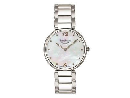 Bruno Söhnle Glashütte Salerno Edelstahl Perlmutt Edelstahlband – Damenuhren Uhr ohne Datum aus Edelstahl. Das Gehäuse ist rund und silber. Das Edelstahlarmband ist silber. Das Zifferblatt ist arabisch Index und weiß.