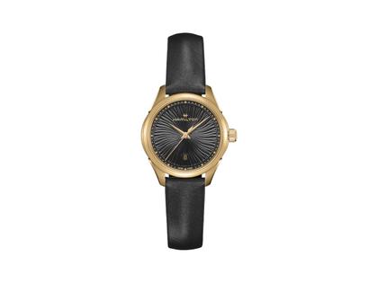 Hamilton Jazzmaster Lady Quarz Edelstahl PVD-Gelbgold 30mm schwarzes Zifferblatt schwarzes Satinband – Damenuhren Uhr mit Datum aus Edelstahl, Leder und PVD beschichtet. Das Gehäuse ist rund und roségold. Das Lederarmband ist schwarz. Das Zifferblatt ist schwarz.