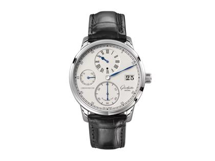Glashütte Original Senator Chronometer Regulator Handaufzug Weißgold 42mm silbernes Zifferblatt schwarzes Lederband – Herrenuhren Uhr ohne Datum aus 750 Weißgold. Das Gehäuse ist rund und silber. Das Lederarmband Kroko / Alligator ist schwarz. Das Zifferblatt ist römisch und silber.