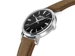 Alpina Heritage Tropic-Proof Handaufzug Edelstahl 34mm schwarzes Zifferblatt braunes Lederband – Herrenuhren Uhr ohne Datum aus Edelstahl und Leder. Das Gehäuse ist rund und silber. Das Lederarmband ist braun. Das Zifferblatt ist ein Index in schwarz. – Ansicht 2
