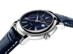 Frederique Constant Classics Moonphase Manufacture Automatik Edelstahl 42mm blaues Zifferblatt blaues Lederband – Herrenuhren Uhr mit Datum aus Edelstahl und Leder. Das Gehäuse ist rund und silber. Das Lederarmband ist blau. Das Zifferblatt ist römisch und blau. – Ansicht 3
