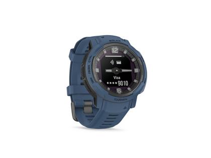 Garmin Instinct Crossover Solar faserverstärktes Polymer dunkelblau 45 mm Kautschukband dunkelblau – Herrenuhren Uhr Multifunktion aus Kautschuk und Kunststoff. Das Gehäuse ist rund und blau. Das Kautschuk / Kunststoff / Silikon Armband ist blau. Das Zifferblatt ist analog digital und schwarz. – Ansicht 4