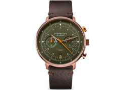 Sternglas Hamburg Chrono Quarz Edelstahl Bronze-PVD 42mm grünes Zifferblatt braunes Lederband – Herrenuhren Chronograph aus Edelstahl, Leder und PVD beschichtet. Das Gehäuse ist rund und bronze. Das Lederarmband ist braun. Das Zifferblatt ist arabisch Index und grün.
