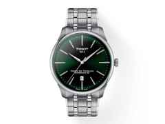 Tissot Chemin des Tourelles Powermatic 80 Automatik Edelstahl 42mm grünes Zifferblatt Metallband – Herrenuhren Uhr mit Datum aus Edelstahl. Das Gehäuse ist rund und silber. Das Edelstahlarmband ist silber. Das Zifferblatt ist ein Index in grün.