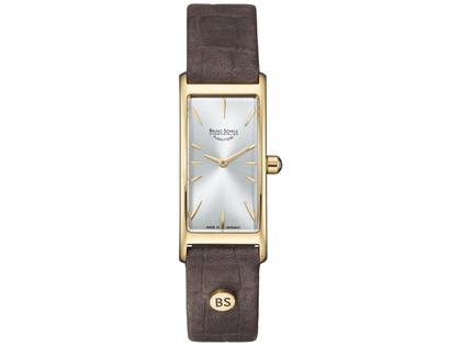 Bruno Söhnle Glashütte Nuvola III Quarz Edelstahl gelbgold beschichtet 38x17mm silberfarbenes Zifferblatt braunes Lederband – Damenuhren Uhr ohne Datum aus Edelstahl, IP beschichtet und Leder. Das Gehäuse ist rechteckig und gelbgold. Das Lederarmband ist braun. Das Zifferblatt ist ein Index in silber.