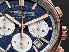 Frederique Constant Highlife Chronograph Automatic Edelstahl Roségold-PVD 41mm blau-weißes Zifferblatt blaues Lederband – Herrenuhren Chronograph aus Edelstahl und Leder. Das Gehäuse ist rund und roségold. Das Lederarmband ist blau. Das Zifferblatt ist ein Index in blau. – Ansicht 5