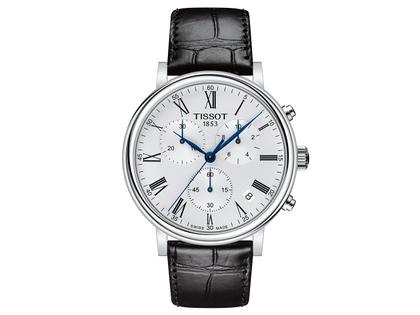 Herrenuhren Chronograph aus Edelstahl. Das Gehäuse ist rund und grau. Das Lederarmband ist schwarz. Das Zifferblatt ist römisch und silber.