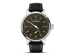 MeisterSinger Primatic Schwarz – Herrenuhren Uhr mit Datum aus Edelstahl und Leder. Das Gehäuse ist rund und silber. Das Lederarmband ist schwarz. Das Zifferblatt ist arabisch und schwarz.