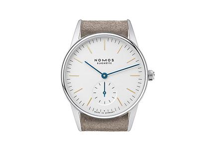 Nomos Glashütte Orion 33 Handaufzug Edelstahl 33mm weißes Zifferblatt braunes Lederband – Damenuhren Uhr ohne Datum aus Edelstahl und Leder. Das Gehäuse ist rund und silber. Das Lederarmband ist beige. Das Zifferblatt ist ein Index in weiß. – Ansicht 2