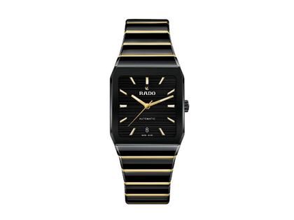 Damenuhren Uhr mit Datum aus Edelstahl, Keramik und PVD beschichtet. Das Gehäuse ist rechteckig und schwarz. Das Keramikarmband ist schwarz. Das Zifferblatt ist ein Index in schwarz.