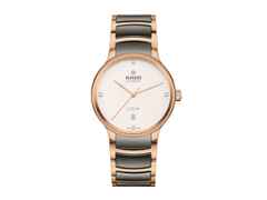 Rado Centrix Diamonds Automatik Edelstahl Roségold-PVD 39,5mm weißes Zifferblatt mit Brillanten Metallband – Herrenuhren Uhr mit Datum aus Edelstahl, Keramik und PVD beschichtet. Das Gehäuse ist rund und roségold. Das Keramikarmband ist grau. Das Zifferblatt ist ein Index in weiß.