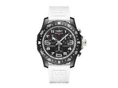 Breitling Endurance Pro 44 Chronograph Quarz Breitlight schwarzes Zifferblatt weißes Kautschukband – Herrenuhren Chronograph aus Sonstiges. Das Gehäuse ist rund und schwarz. Das Kautschuk / Kunststoff / Silikon Armband ist weiß. Das Zifferblatt ist arabisch und schwarz.