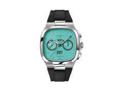 Glashütte Original Seventies Chronograph Panoramadatum Swimming Pool Automatik Edelstahl 40mm türkises Zifferblatt schwarzes Kautschukband limitiert – Herrenuhren Chronograph aus 585 Weißgold, Edelstahl und Kautschuk. Das Gehäuse ist quadratisch und silber. Das Kautschuk / Kunststoff / Silikon Armband ist silber. Das Zifferblatt ist ein Index in türkis.