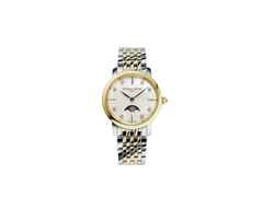 Frederique Constant Slimline Ladies Moonphase Quarz Edelstahl 30mm Perlmutt-Zifferblatt Metallband – Damenuhren Uhr ohne Datum aus Edelstahl und PVD beschichtet. Das Gehäuse ist rund und silber-gelbgold. Das Edelstahlarmband ist silber-gelbgold. Das Zifferblatt ist ein Index in weiß.