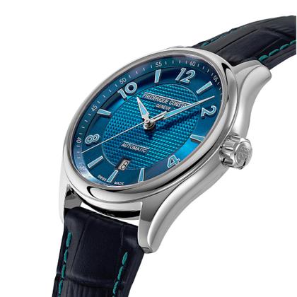 Frederique Constant Classics Runabout Automatic Edelstahl 42mm blaues Zifferblatt blaues Lederband – Herrenuhren Uhr mit Datum aus Edelstahl und Leder. Das Gehäuse ist rund und silber. Das Lederarmband ist blau. Das Zifferblatt ist arabisch Index und blau. – Ansicht 2