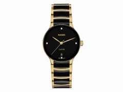 Rado Centrix Diamonds Quarz Edelstahl Gelbgold-PVD 35mm schwarzes Zifferblatt mit Brillanten Metallband – Damenuhren Uhr mit Datum aus Edelstahl, Keramik und PVD beschichtet. Das Gehäuse ist rund und gelbgold. Das Keramikarmband ist mehrfarbig. Das Zifferblatt ist ein Index in schwarz.