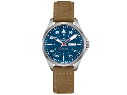 Hamilton Khaki Aviation Pilot Air Glaciers Edition Automatik Titan 42mm blaues Zifferblatt blaues Textilband – Herrenuhren Uhr mit Datum aus Titan. Das Gehäuse ist rund und silber. Das Textilarmband ist blau. Das Zifferblatt ist arabisch Index und blau. – Ansicht 2