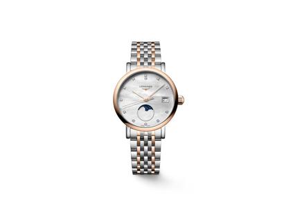 Longines Elegant Collection Quarz Edelstahl 30mm weißes Perlmutt-Zifferblatt zweifarbiges Metallband – Damenuhren Uhr mit Datum aus 750 Gelbgold, Edelstahl und vergoldet. Das Gehäuse ist rund und silber. Das Edelstahlarmband mit Gold ist silber-roségold. Das Zifferblatt ist ein Index in weiß.