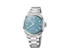 Oris Big Crown Pointer Date Calibre 473 Handaufzug Edelstahl 38mm blaues Zifferblatt Metallband – Herrenuhren Uhr mit Datum aus Edelstahl. Das Gehäuse ist rund und silber. Das Edelstahlarmband ist silber. Das Zifferblatt ist arabisch und blau.