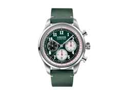 Union Glashütte Belisar Chronograph Automatik Edelstahl 44mm weiß-grünes Zifferblatt grünes Lederband – Herrenuhren Chronograph aus Edelstahl. Das Gehäuse ist rund und silber. Das Lederarmband ist grün. Das Zifferblatt ist arabisch Index und grün.