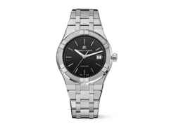 Maurice Lacroix Aikon Quartz Edelstahl 40mm schwarzes Zifferblatt Metallband – Herrenuhren Uhr mit Datum aus Edelstahl, PVD beschichtet und vergoldet. Das Gehäuse ist rund und silber. Das Edelstahlarmband ist silber. Das Zifferblatt ist ein Index in schwarz.