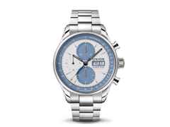 Union Glashütte Viro Chronograph Silvretta Classic 2021 Limited Edition Automatik Edelstahl 44mm weiß-blaues Zifferblatt blaues Lederband – Herrenuhren Chronograph aus Edelstahl. Das Gehäuse ist rund und silber. Das Lederarmband ist blau. Das Zifferblatt ist ein Index in blau. – Ansicht 2