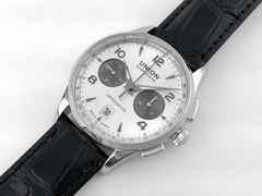 Union Glashütte Noramis Chronograph Sachsen Classic   2013 Limited Edition Automatik D005.427.16.037.07 Full Set mit Garantie Occasion Refurbished – Herrenuhren Uhr mit Datum aus Edelstahl. Das Gehäuse ist rund und silber. Das Lederarmband ist schwarz. Das Zifferblatt ist arabisch Index und silber. – Ansicht 4
