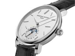 Frederique Constant Manufacture Slimline Moonphase Date Automatik Edelstahl 42mm silbernes Zifferblatt schwarzes Lederband limitiert – Herrenuhren Uhr mit Datum aus Edelstahl und Leder. Das Gehäuse ist rund und silber. Das Lederarmband Kroko / Alligator ist schwarz. Das Zifferblatt ist ein Index in silber. – Ansicht 3