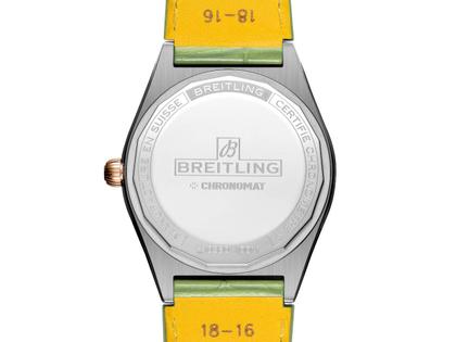 Breitling Chronomat Automatic 36 South Sea Edelstahl grünes Zifferblatt mit Brillanten und bunten Saphiren grünes Lederband – Damenuhren Uhr mit Datum aus 750 Rotgold, Edelstahl und Leder. Das Gehäuse ist rund und silber. Das Lederarmband Kroko / Alligator ist grün. Das Zifferblatt ist ein Index in grün. – Ansicht 2