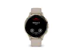 Garmin Venu 3S faserverstärktes Polymer French Grey 41mm beigefarbenes Kautschukband – Herrenuhren Uhr Multifunktion aus Edelstahl, Kautschuk, Kunststoff und PVD beschichtet. Das Gehäuse ist rund und beige. Das Kautschuk / Kunststoff / Silikon Armband ist beige. Das Zifferblatt ist digital und schwarz. – Ansicht 2
