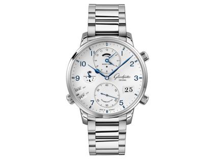 Glashütte Original Senator Cosmopolite Automatik Edelstahl 44mm weißes Zifferblatt Metallband – Herrenuhren Uhr mit Datum aus Edelstahl. Das Gehäuse ist rund und silber. Das Edelstahlarmband ist silber. Das Zifferblatt ist ein Index in weiß.
