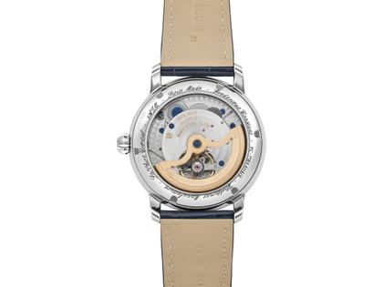 Frederique Constant Classics Worldtimer GMT Manufacture Automatik Edelstahl 42mm weißes Zifferblatt blaues Lederband – Herrenuhren Uhr mit Datum aus Edelstahl und Leder. Das Gehäuse ist rund und silber. Das Lederarmband Kroko / Alligator ist blau. Das Zifferblatt ist ein Index in weiß. – Ansicht 4