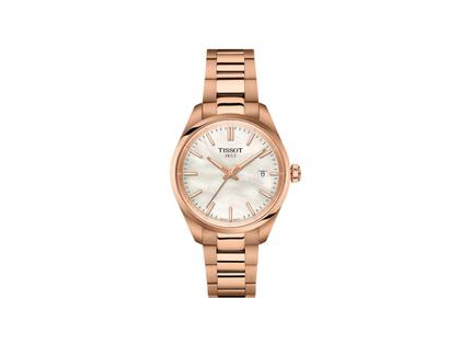 Tissot PR 100 Quarz Edelstahl Roségold-PVD 34mm weißes Perlmutt-Zifferblatt Metallband – Damenuhren Uhr mit Datum aus Edelstahl und PVD beschichtet. Das Gehäuse ist rund und roségold. Das Edelstahlarmband ist roségold. Das Zifferblatt ist ein Index in weiß.