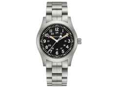 Hamilton Khaki Field Mechanical Handaufzug Edelstahl 42mm schwarzes Zifferblatt Metallband – Herrenuhren Uhr ohne Datum aus Edelstahl. Das Gehäuse ist rund und silber. Das Edelstahlarmband ist silber. Das Zifferblatt ist arabisch und schwarz.