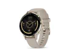 Garmin Venu 3S faserverstärktes Polymer French Grey 41mm beigefarbenes Kautschukband – Herrenuhren Uhr Multifunktion aus Edelstahl, Kautschuk, Kunststoff und PVD beschichtet. Das Gehäuse ist rund und beige. Das Kautschuk / Kunststoff / Silikon Armband ist beige. Das Zifferblatt ist digital und schwarz. – Ansicht 3