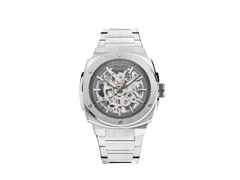 Alpina Alpiner Extreme Skeleton Automatik Edelstahl 39mm graues Zifferblatt Metallband – Herrenuhren Uhr ohne Datum aus Edelstahl und Kautschuk. Das Gehäuse ist rund und silber. Das Edelstahlarmband ist silber. Das Zifferblatt ist skelettiert und grau.