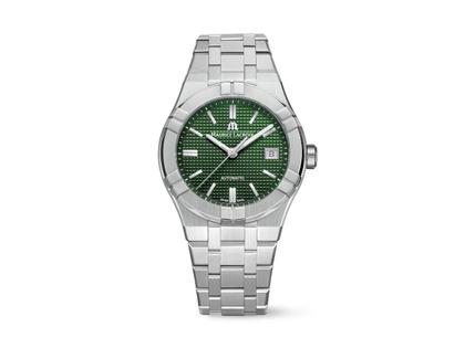 Maurice Lacroix Aikon Automatik Edelstahl 39mm grünes Zifferblatt Metallband – Herrenuhren Uhr mit Datum aus Edelstahl. Das Gehäuse ist rund und silber. Das Edelstahlarmband ist silber. Das Zifferblatt ist ein Index in grün.