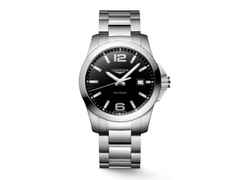 Longines Conquest Quarz Edelstahl 41mm schwarzes Zifferblatt Metallband – Herrenuhren Uhr mit Datum aus Edelstahl. Das Gehäuse ist rund und silber. Das Edelstahlarmband ist silber. Das Zifferblatt ist arabisch Index und schwarz.