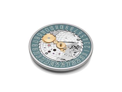 Nomos Glashütte Tangente 38 Datum "175 Years Watchmaking - Super Sardine" Handaufzug Edelstahl blaues Zifferblatt graues Textilband Glasboden – Herrenuhren Uhr mit Datum aus Edelstahl. Das Gehäuse ist rund und silber. Das Textilarmband ist grau. Das Zifferblatt ist arabisch Index und blau. – Ansicht 8