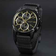 Hamilton Jazzmaster Auto Chrono Edelstahl PVD-Schwarz 42mm schwarz-goldenes Zifferblatt schwarzes Lederband – Herrenuhren Chronograph aus Edelstahl, Leder und PVD beschichtet. Das Gehäuse ist rund und schwarz. Das Lederarmband ist schwarz. Das Zifferblatt ist ein Index in schwarz. – Ansicht 5