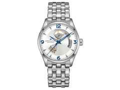 Hamilton Jazzmaster Open Heart Automatik Edelstahl 42mm silbernes Zifferblatt Metallband – Herrenuhren Uhr ohne Datum aus Edelstahl. Das Gehäuse ist rund und silber. Das Edelstahlarmband ist silber. Das Zifferblatt ist arabisch Index und silber.