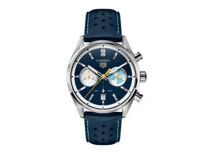 Herrenuhren Chronograph aus Edelstahl und Leder. Das Gehäuse ist rund und silber. Das Lederarmband ist blau. Das Zifferblatt ist ein Index in blau.